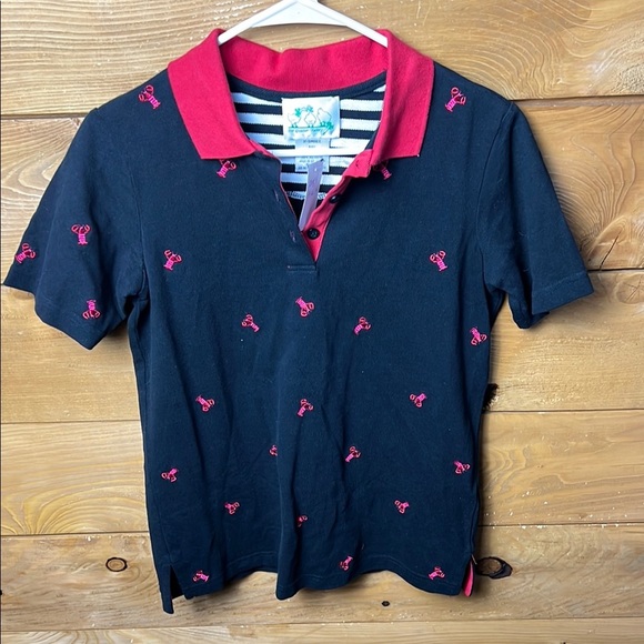 Quacker Factory Women Black Polo Shirt XS Red Collar Lobster Embroidery Short Sl - Picture 1 of 8